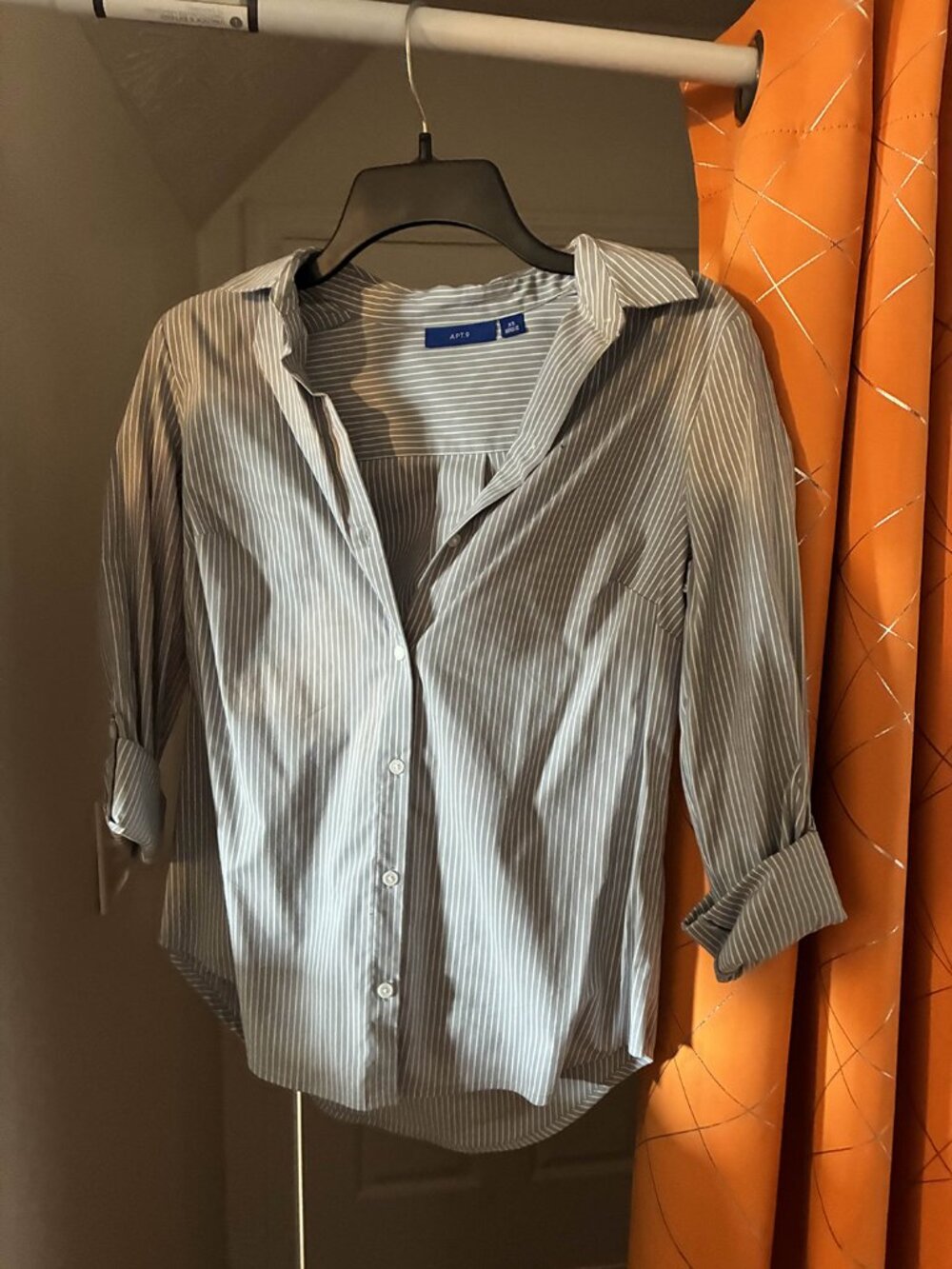 Blue Grey White Striped Crop Sleeved Button Up Collared Shirt - XS